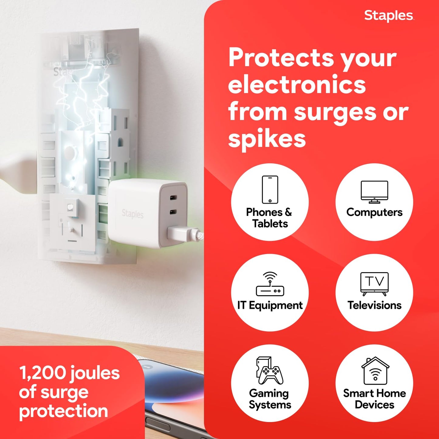 Staples TECH 6-Outlet Surge Protector, Wall Mountable with 2 USB-A & 1 USB-C Port - 1200 Joules, White, Ideal for Home & Office