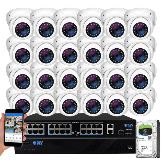 GW Security 32 Channel 12MP NVR 4K PoE Security Camera System with 24 x 4K 8MP IP Microphone 135° Wide Angle Outdoor Smart AI Turret Camera, Face
