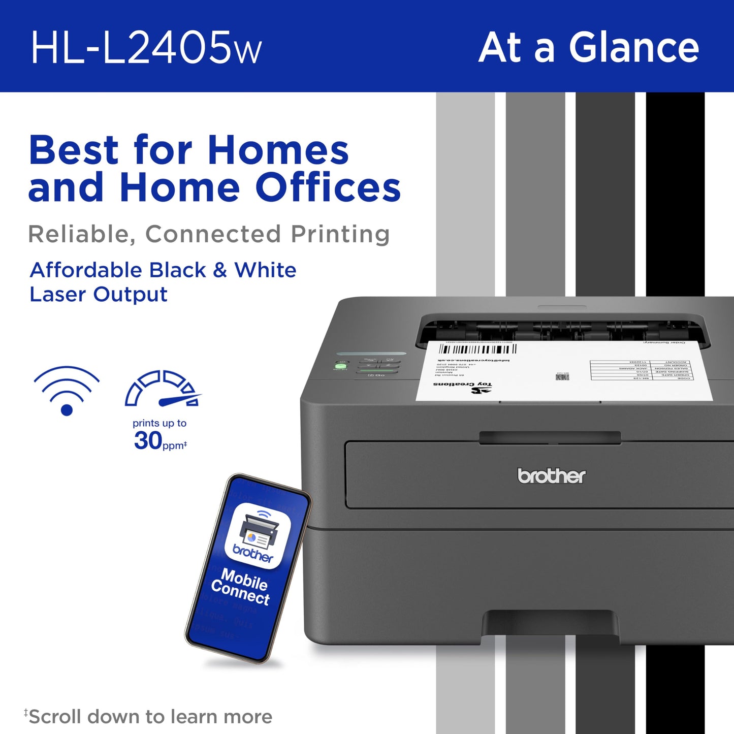 Brother HL-L2405W Wireless Compact Monochrome Laser Printer with Mobile Printing, Black & White Output | Includes Refresh Subscription Trial(1), Works