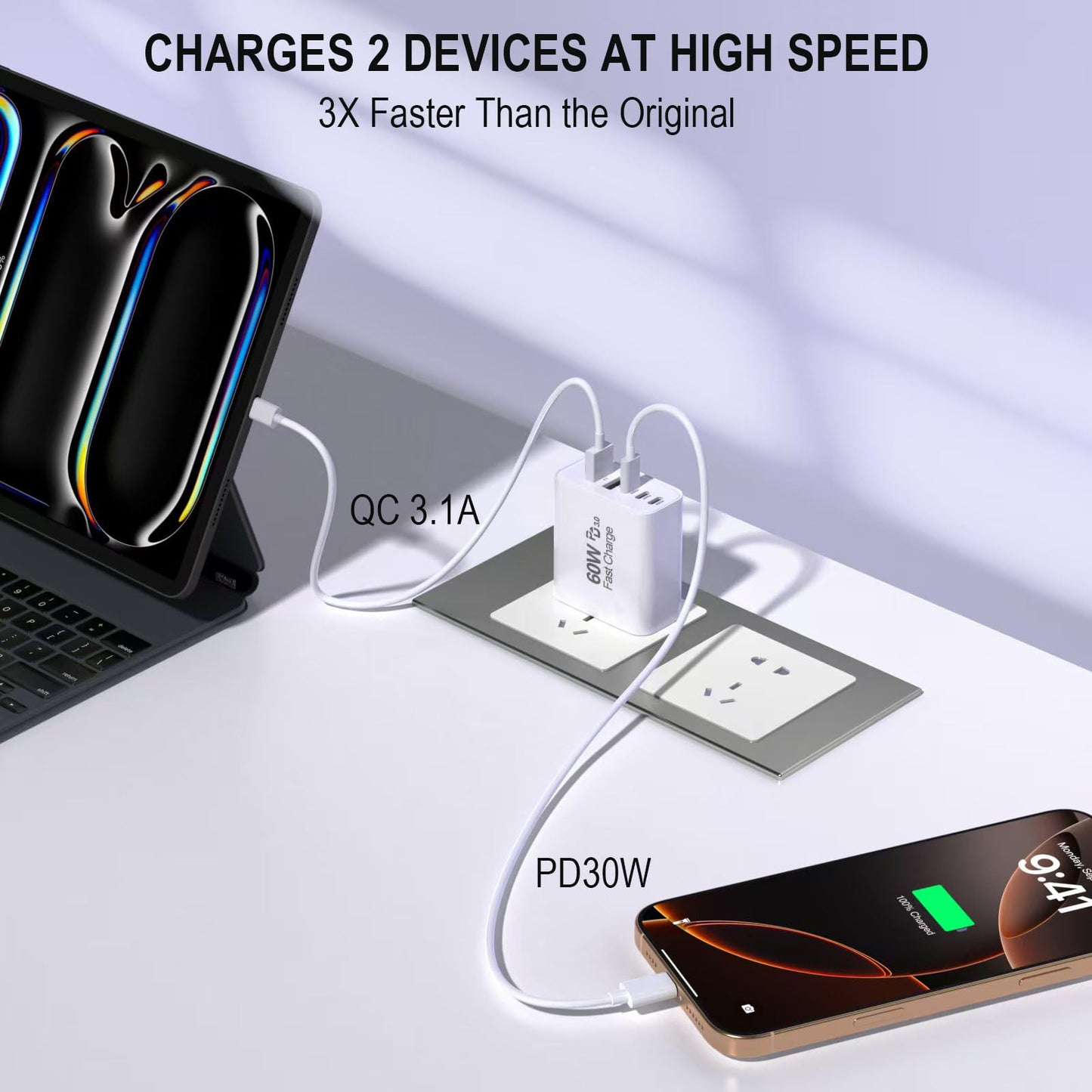 USB C Fast Charger Block, 2Pack 60W 5-Port Type C iPhone Charger Plug, Apple Fast Charging Block, 3 USB C+2 USB A PD & QC 3.0 Power Adapter Multi-port