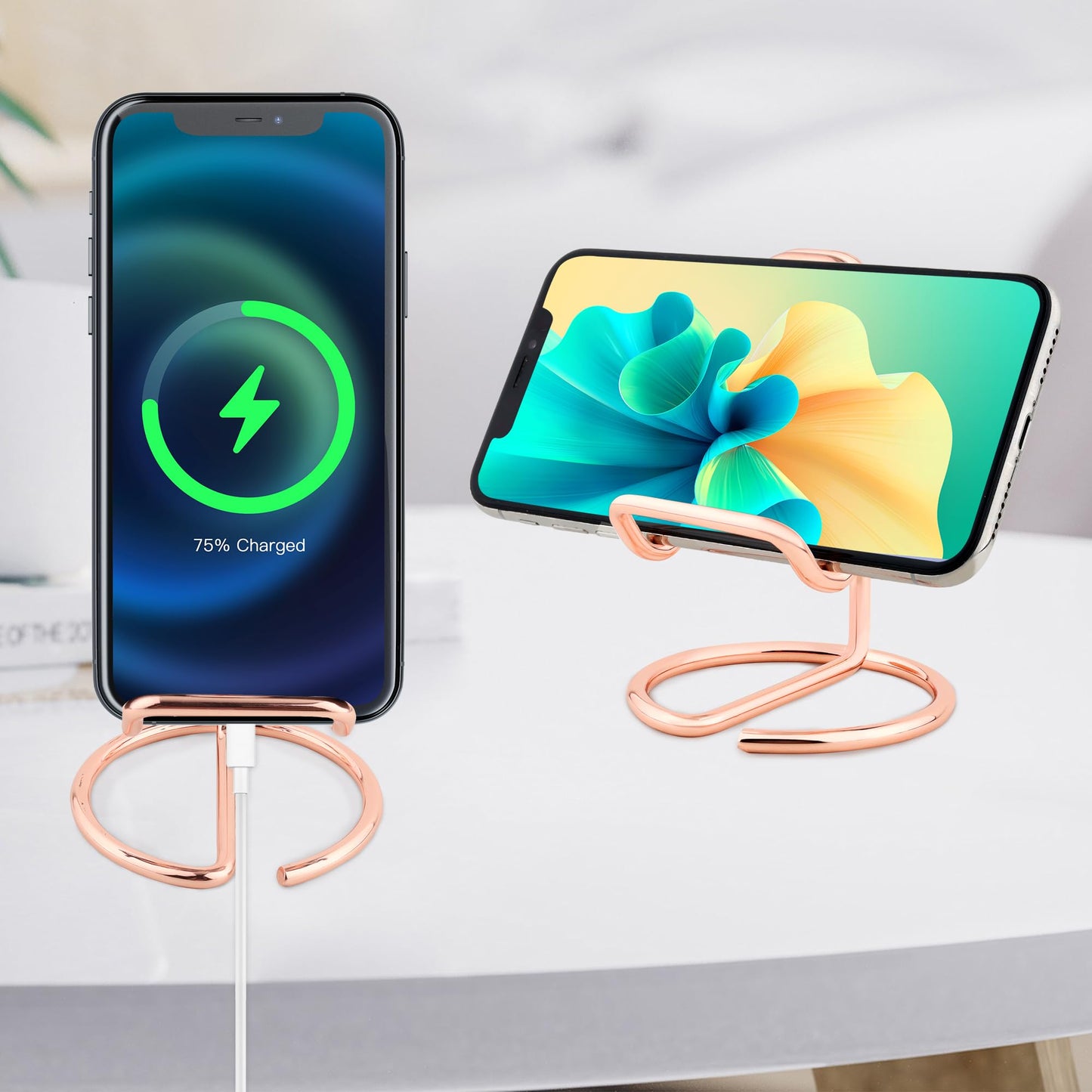 ROSYQUARZ Cell Phone Stand for Desk, Metal Mobile Phone Stand Holder, Cute Rose Gold Cell Phone Display Holder Phone Dock Compatible with All Mobile