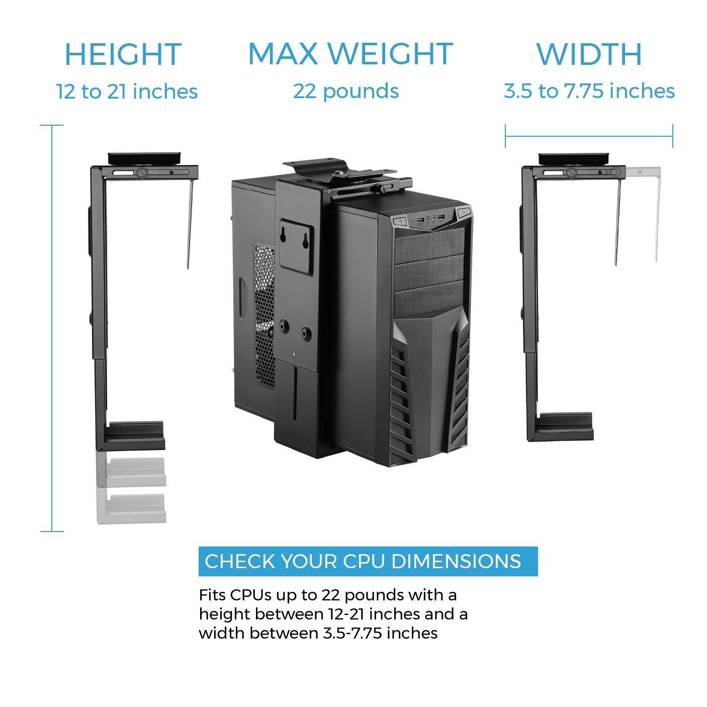 HumanCentric Adjustable Under Desk Computer Mount and Wall Mount, CPU Holder Fits Most PC or Computer Cases, Adjustable Height and Width, Full 360