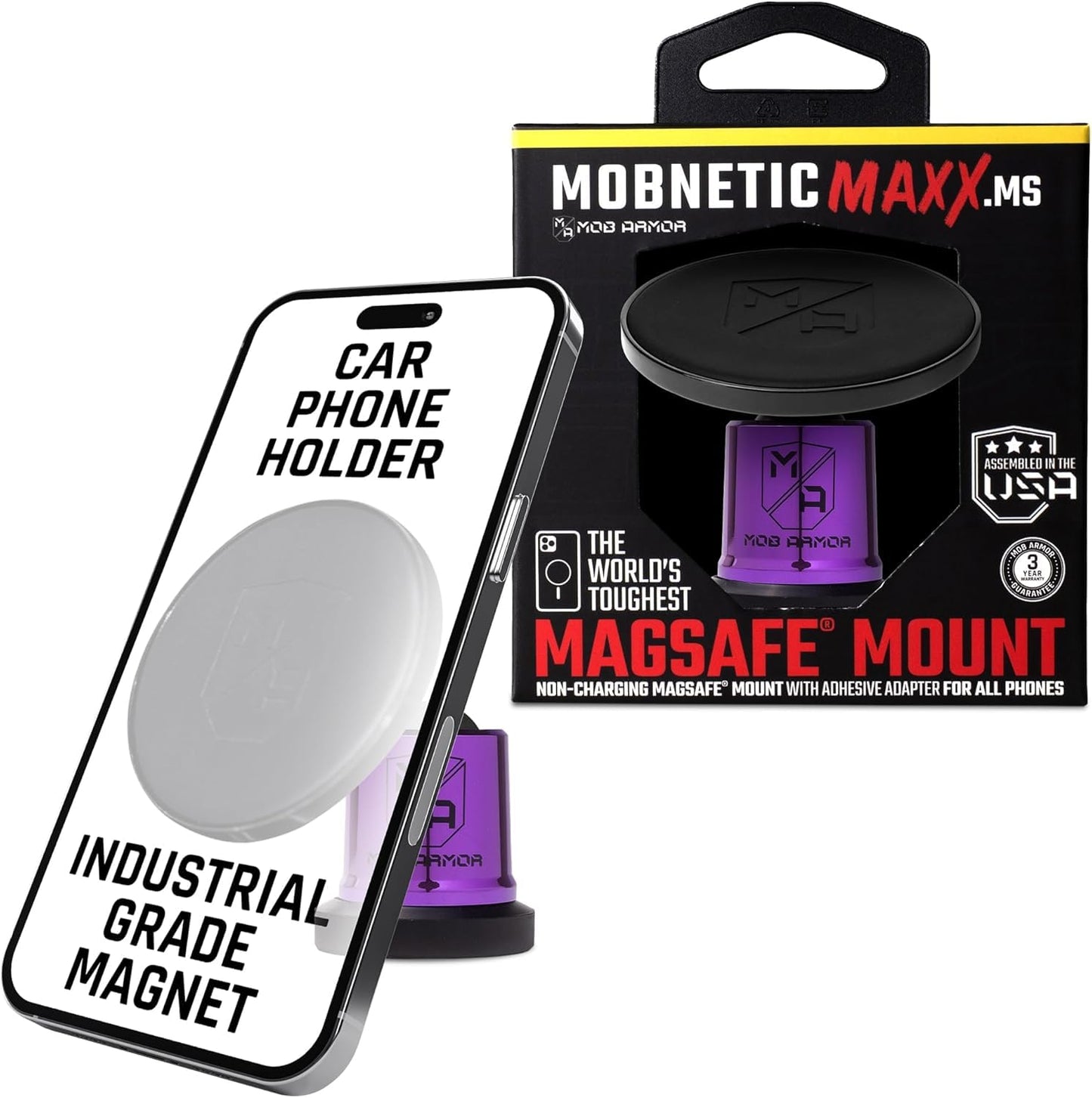 Mob Armor MobNetic Maxx MS - MagSafe Compatible Car Phone Mount w/ 90º Tilt, 360º Rotation & Durable Aluminum Build, Magnetic Holder for iPhone