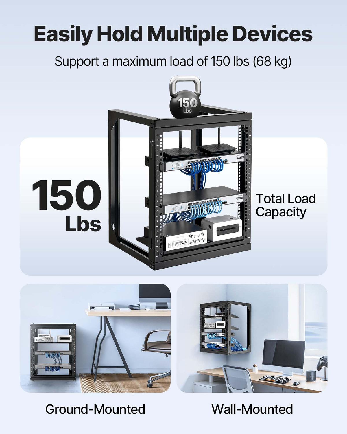 VEVOR 12U Wall Mount Server Rack, 150 lbs Max Load Capacity, Open Frame Network Rack with 180 Degrees Gate Swing, Carbon Steel, for 19-Inch IT Network