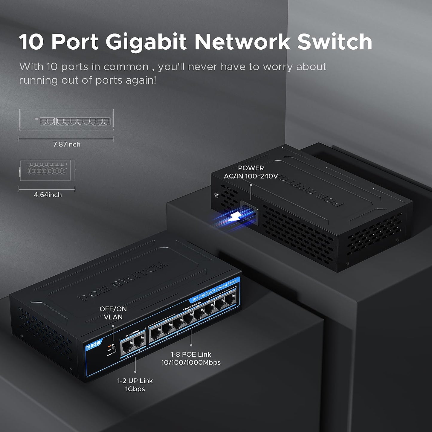8-Port PoE Gigabit Switch with 2 Gigabit Uplink, 8 PoE+Port 1000Mbps, 96W, 802.3af/at Vlan, Metal fanless Design, Plug-and-Play, Desktop