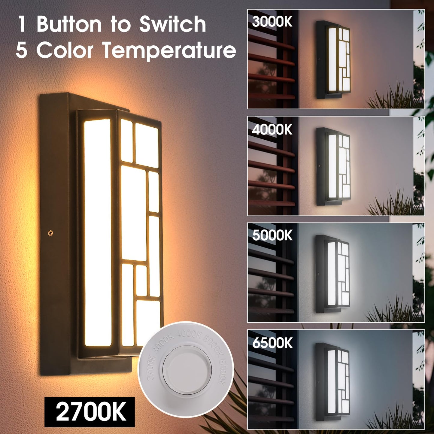 Energetic 5CCT Outdoor Wall Light Fixture, 13 Inch Exterior Modern Wall Sconce, Patio Light IP65 Waterproof, 120V LED Porch Lighting, Aluminum Low