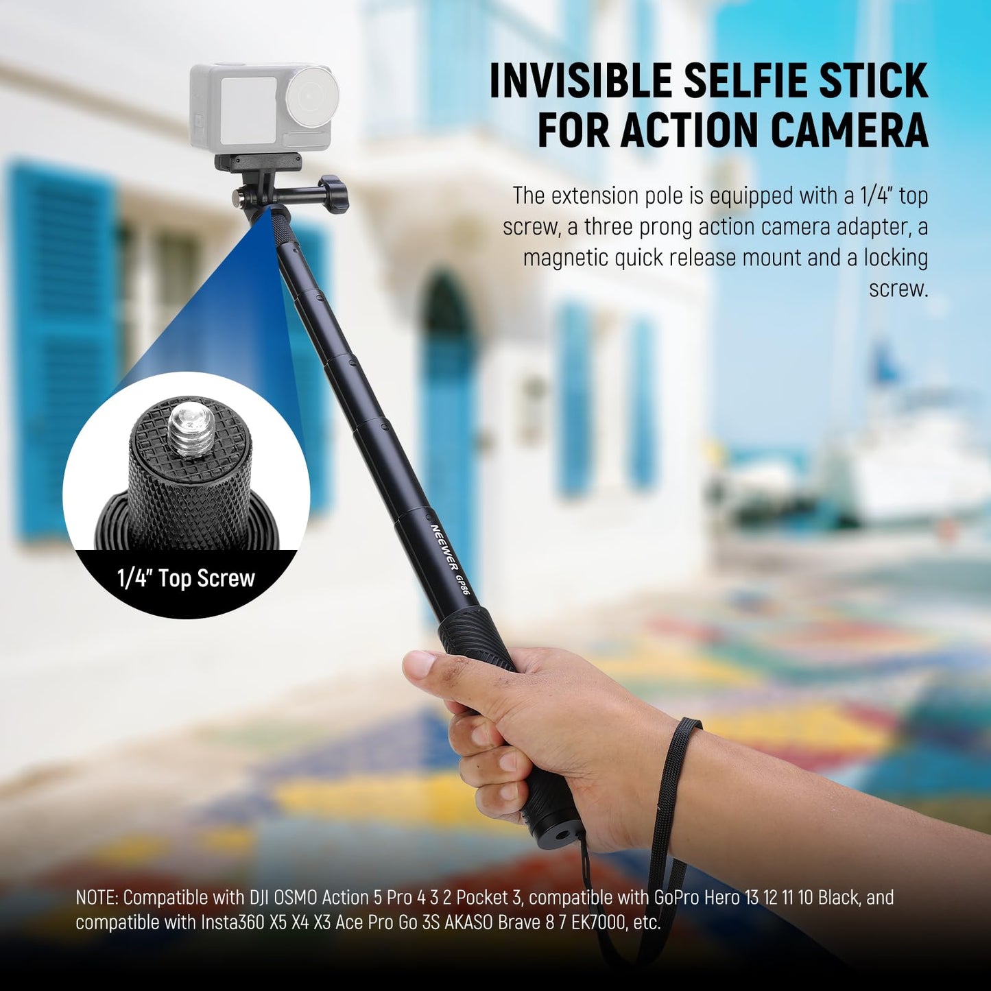 NEEWER Extension Rod Kit Compatible with DJI OSMO Action 5 Pro 4 3 GoPro Insta360 AKASO, 27.8" Invisible Selfie Stick, Action Camera Adapter