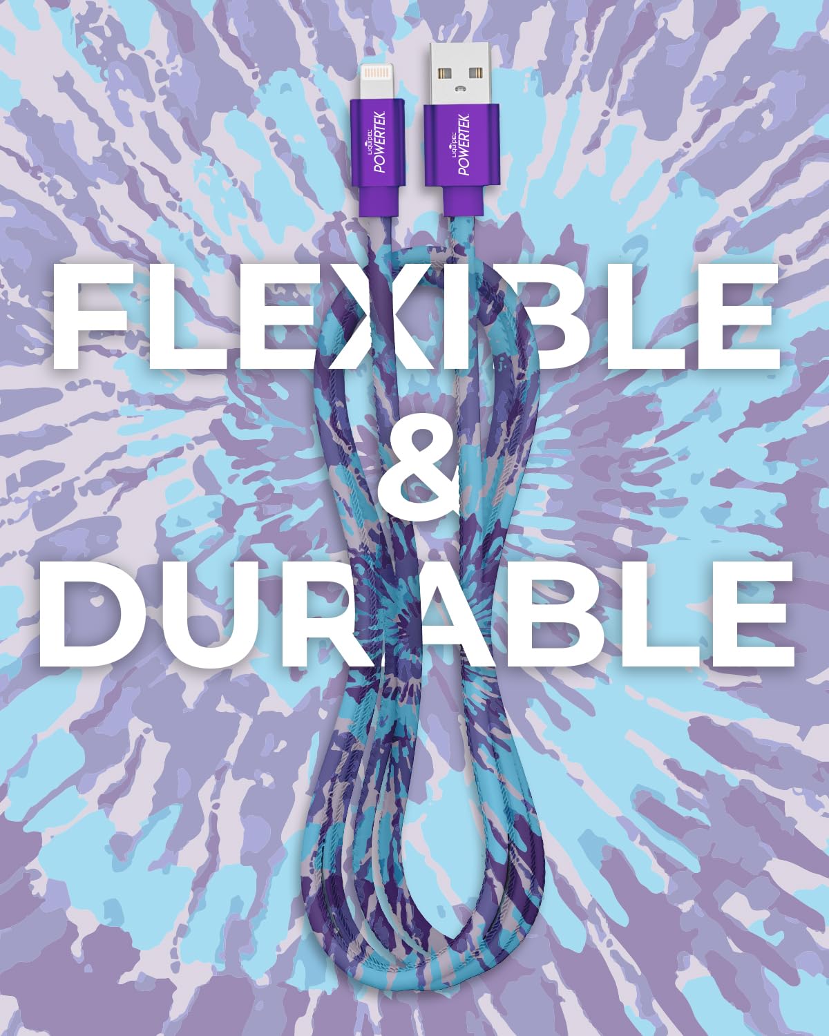 LIQUIPEL Powertek iPad & iPhone Lightning Charger Cable, Fast Charging 6ft MFI, Tie Dye Black (Purple)