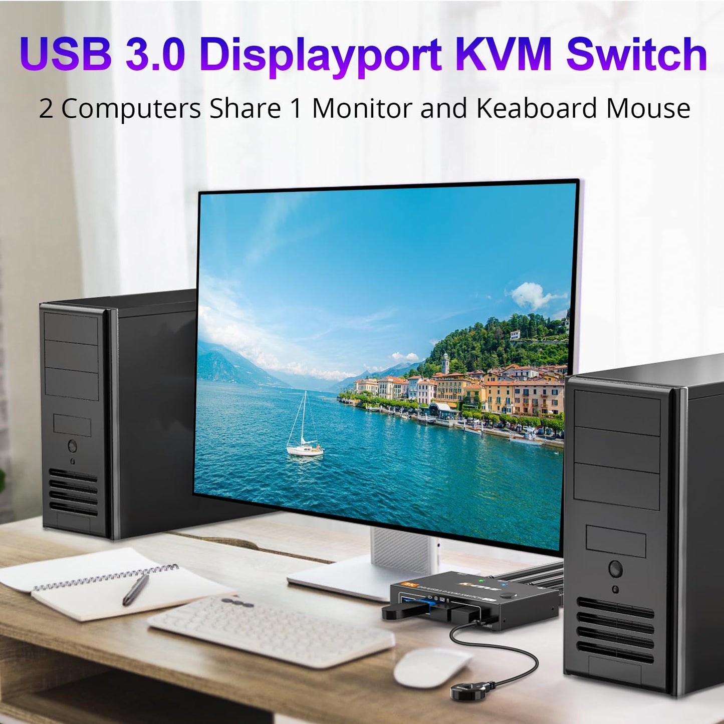 KCEVE KVM Switch 2 Computer 1 Monitor Displayport 4K@240Hz 8K@60Hz, USB 3.0 KVM Switch Displayport 2.1 for 2 PC Share 4 USB Devices Keyboard