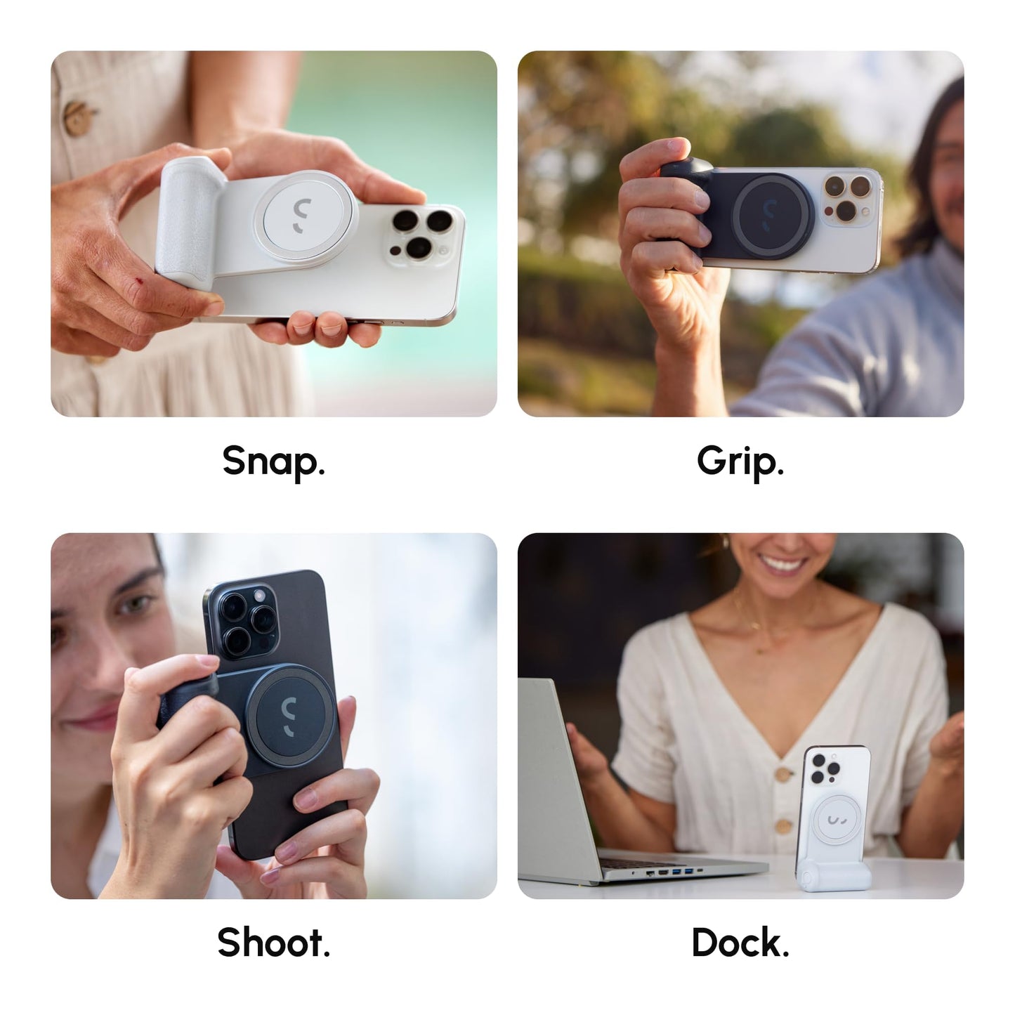 ShiftCam SnapGrip Essential - Magnetic Phone Camera Grip with Wireless Shutter Button & Tabletop Dock - Compatible with iPhone & Android - Midnight