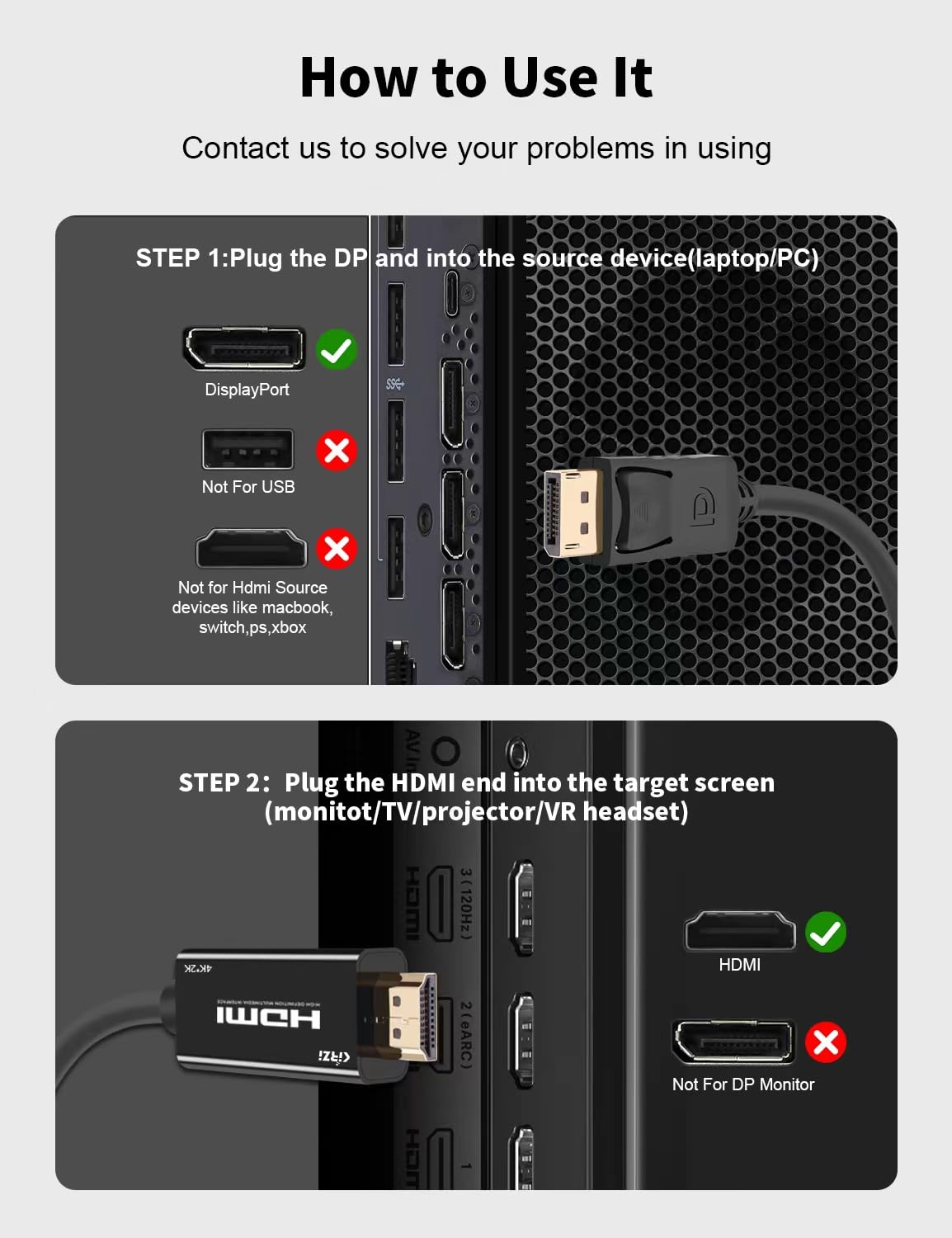 Kirzi 4k DisplayPort (Sources) to HDMI (Display) Cable, Uni-Directional DP to HDMI Cord Compatible for DP Source to HDMI Display (15ft)