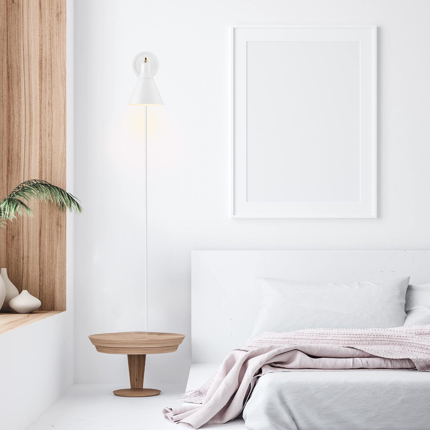 Globe Electric 65542 1-Light Plug-in or Hardwire Wall Sconce, Matte White, Brass Accent, Stepless Dimming Rotary Switch, Fabric Cord, Modern Lighting