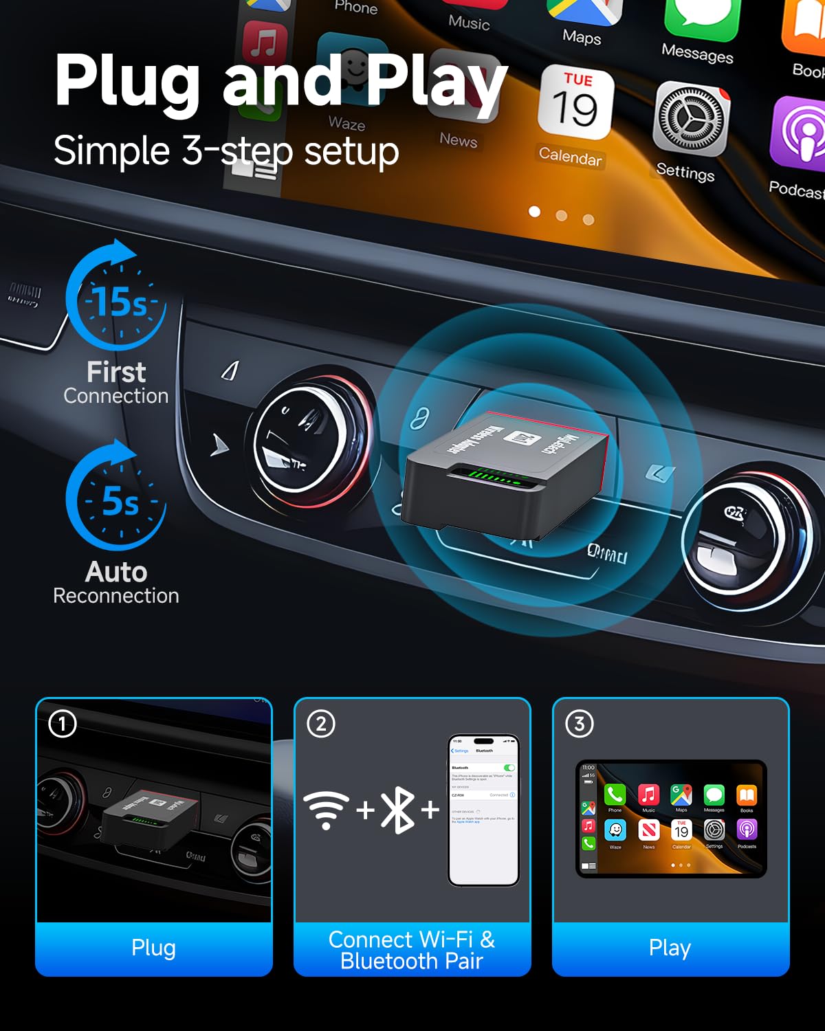 Wireless CarPlay Adapter for iPhone & Android, 2026 Upgraded Wired to Wireless for Apple CarPlay, Mini USB Design Car Play Adapter with Type-C