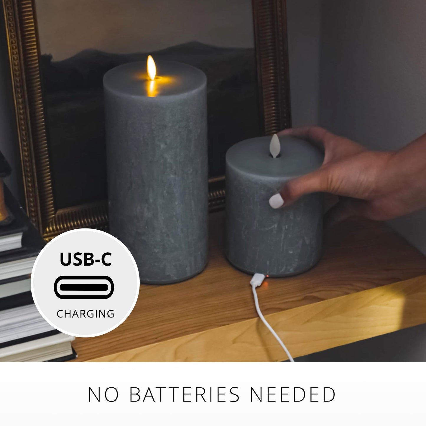 Luminara Seaglass Rechargeable Flameless LED Candle, Silver Blue 3.8" x 8.6", Moving Flame Pillar Timer, USB Type-C Charging Cable, Unscented Real Wax