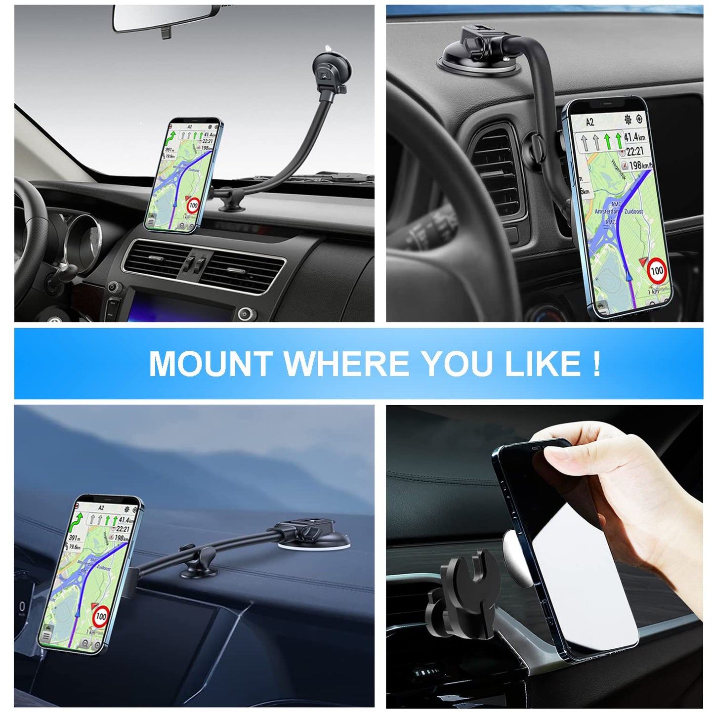 JCTRIWAY Car Phone Mount for Collapsible Grip/Socket Mount User,Windshield/Dashboard/Vent Phone Holder with Strong Suction Cup,13-Inches Long Arm