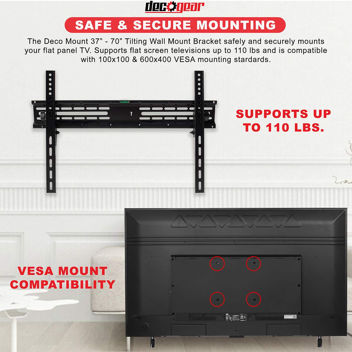 Deco Mount 37"-70" Full Motion TV Wall Mount Bracket with Tilt Function, Included Universal Mounting Hardware, 110 LB Capacity, 2 6FT 4K HDMI 2.0