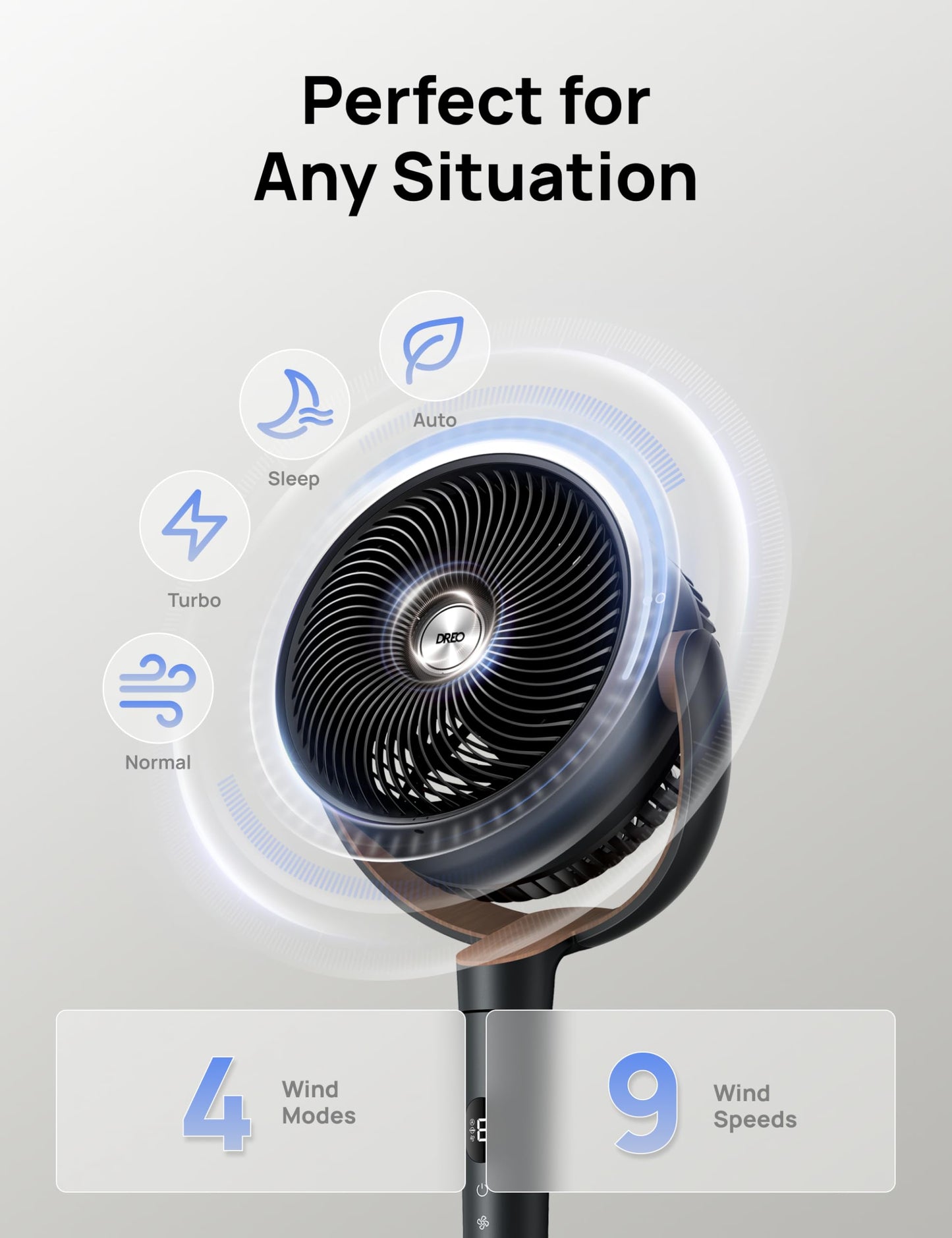 DREO Fan for Bedroom, 120° Oscillating Standing Fan, Quiet Floor Fan with DC Motor, Pedestal Fan for Room, 9 Speeds, 4 modes, 120° Manual Vertical