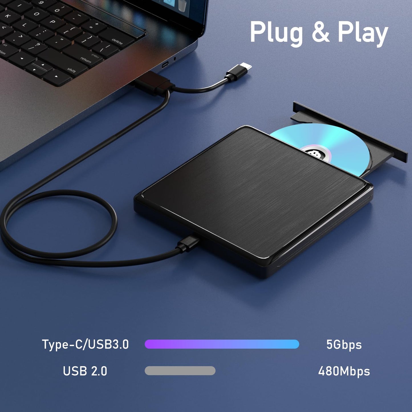 External CD/DVD Drive for Laptop, USB 3.0 and Type-C USB CD/DVD External Drive DVD Burner, External DVD Player for Laptop with Extended Data Cable