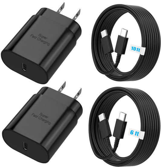 TT&C 25W Charger for Android, Super Fast Charging USB C Block & Type C Charge Cable Cord (6ft & 10ft) Compatible with Samsung Galaxy S26, S25, S24