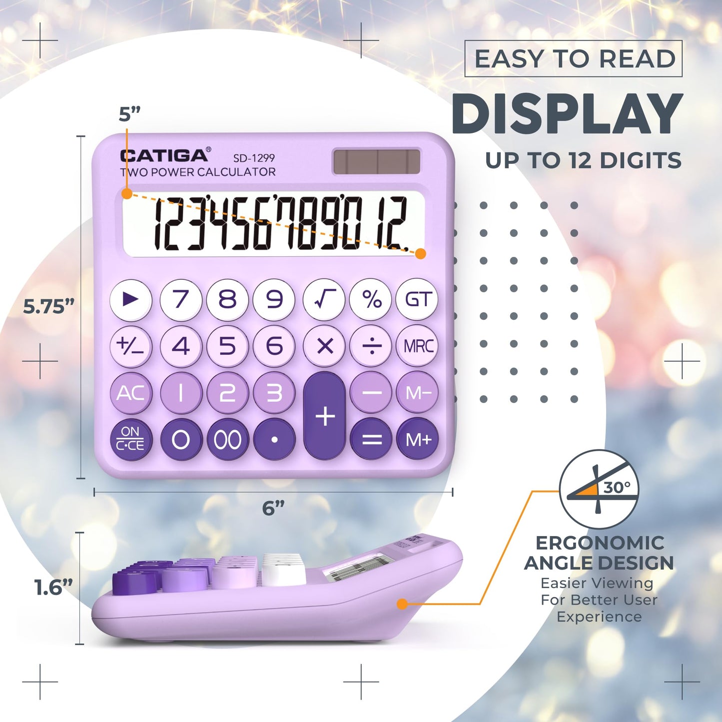 CATIGA Mechanical Switch Calculator with Solar and Battery Dual Power, 12-Digit Large LCD Display, Aesthetic and Cute Desktop Calculator with Big