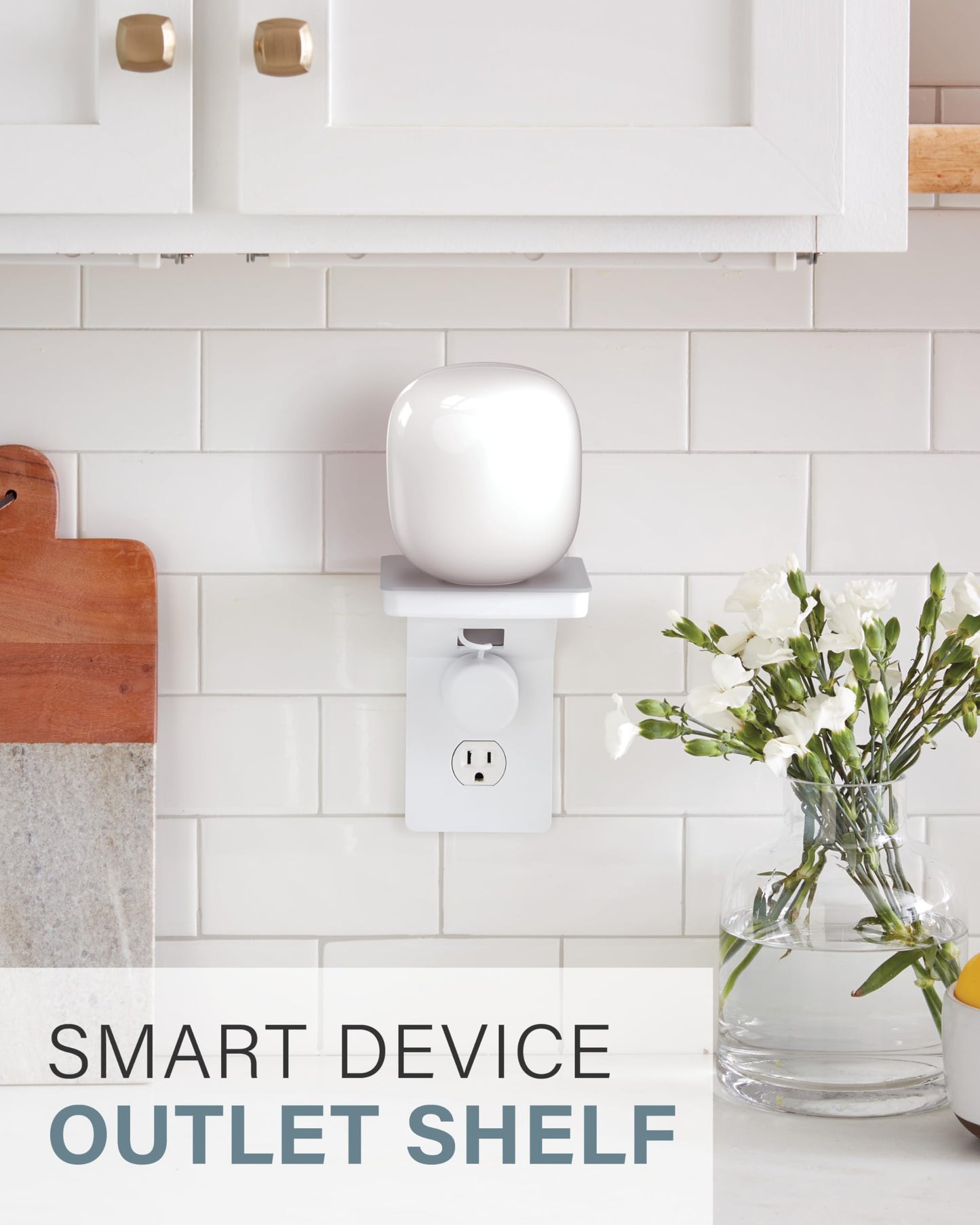 Sanus Made for Google Small Device Outlet Shelf in White & Fog Grey - Holds Small Electronics Up to 8lbs w/Built-in Cord Storage - Includes Both