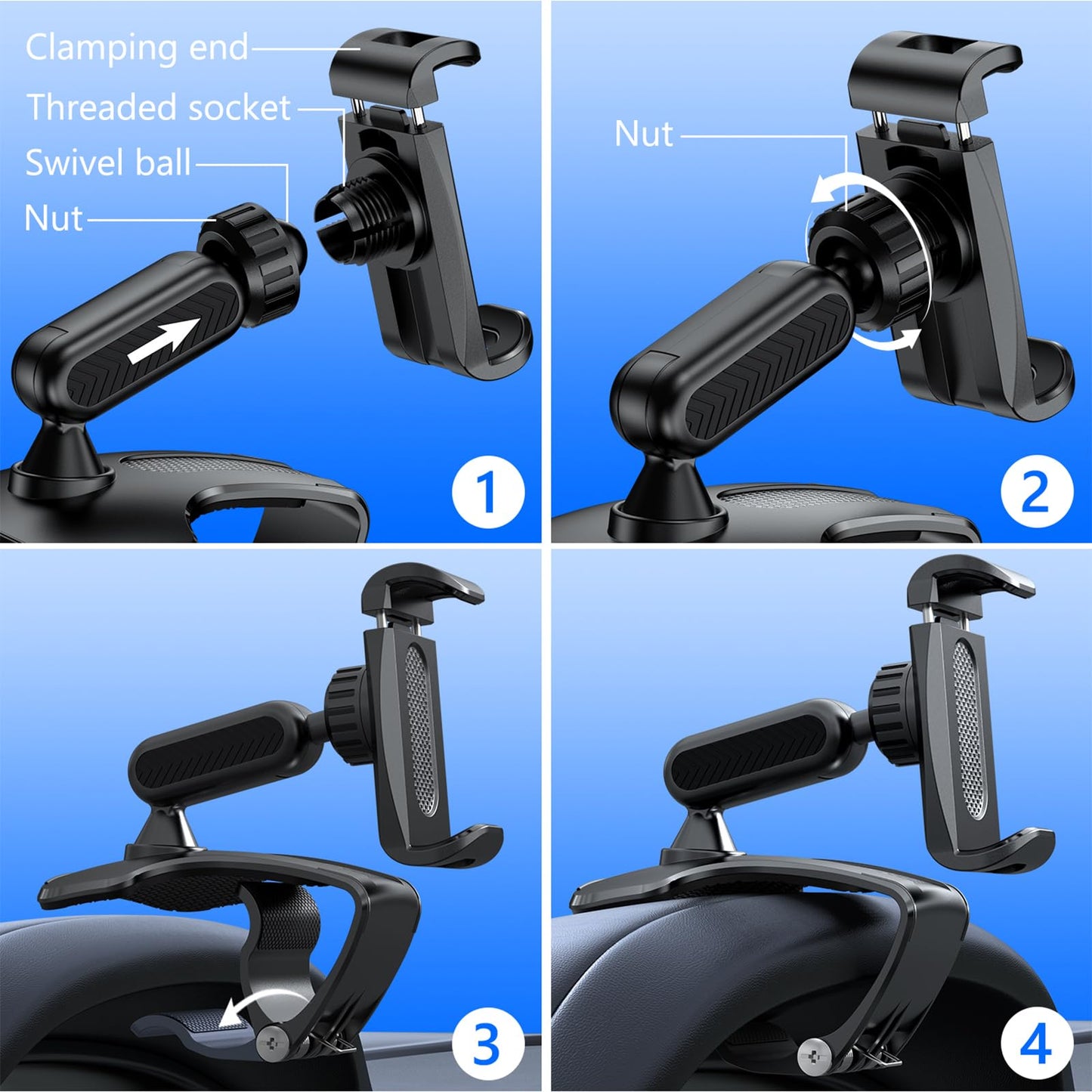 RIEMKSL Car Dashboard Phone Clip Holder, 360° Rotating Dash Steering Wheel Cell Phone Clamp Mount Stand Compatible with 4-7 Inch Smartphones (Black)