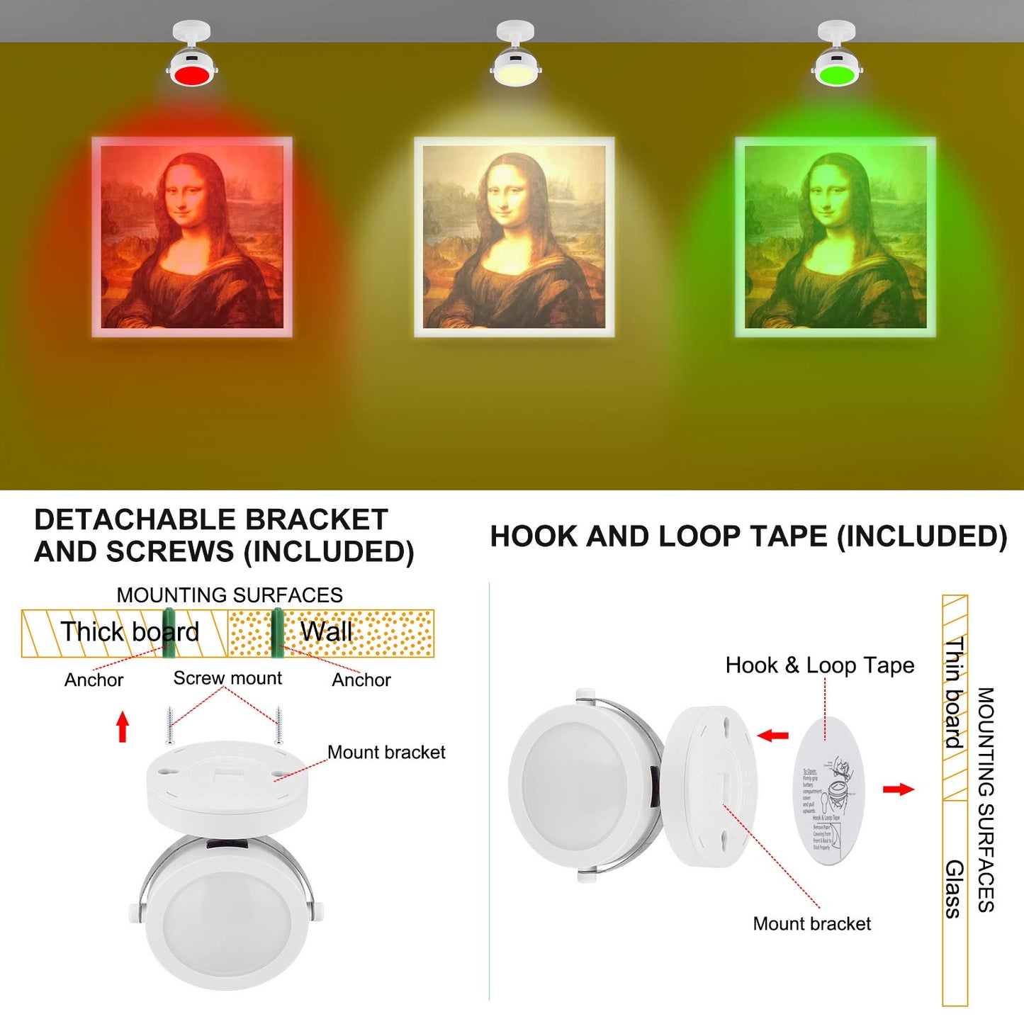 LUXSWAY Accent Lights LED Indoor SpotLights with 360° Rotate Head Puck Lights with 12 Color Changing Up Down Light Stick on for Dart Board Artwork