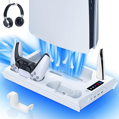 Paobas Cooling Station for PS5 with Dual Controller Charging Station, Stand for PS5 Slim Console, Headset Holder, 4 USB Hub & USB-C Port - All-in-One