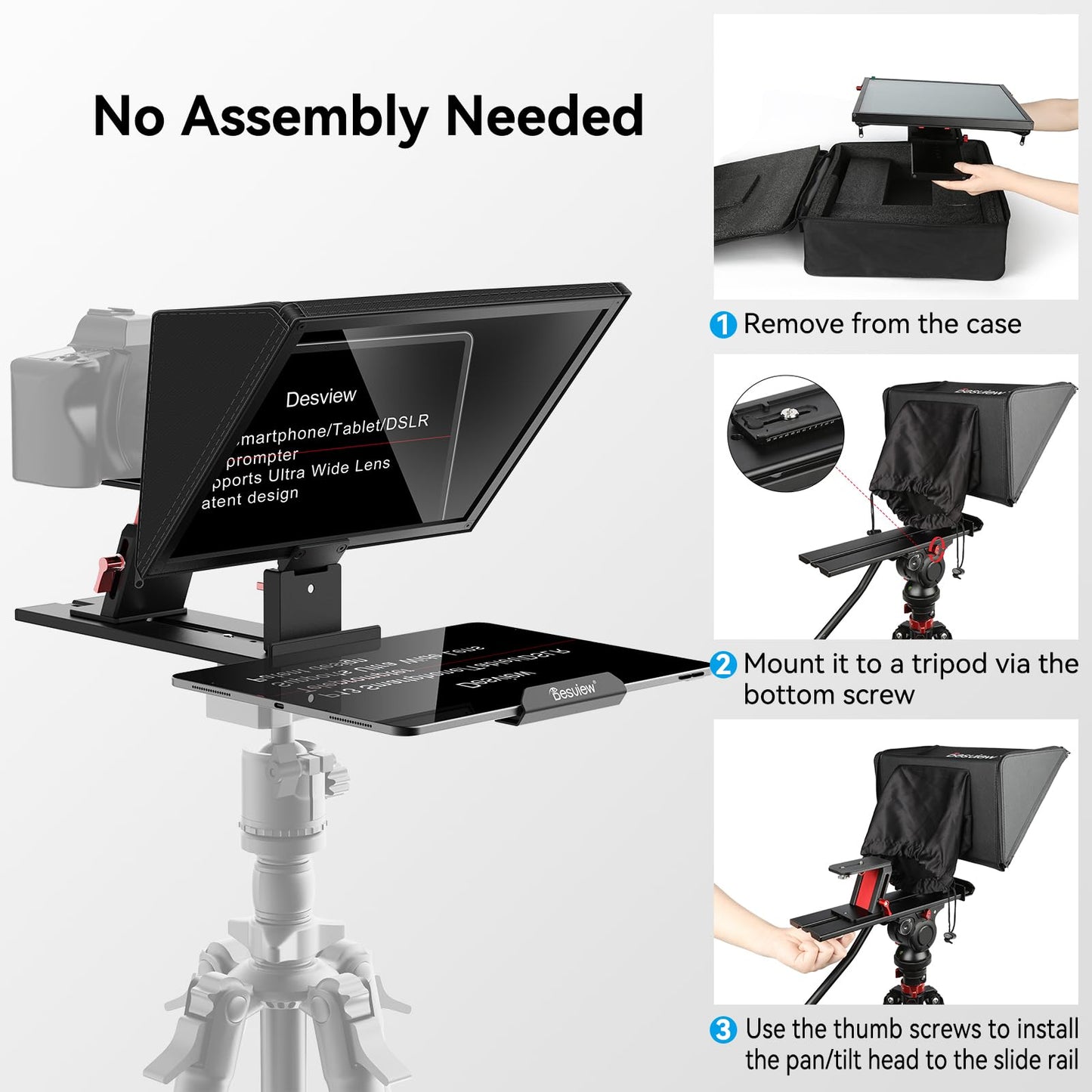 Desview P13 Portable Teleprompter for Camera Compatible with 12.9" Tablets Wireless Remote Control Foldable Sun Hood Lightweight (1.7kg) for Video