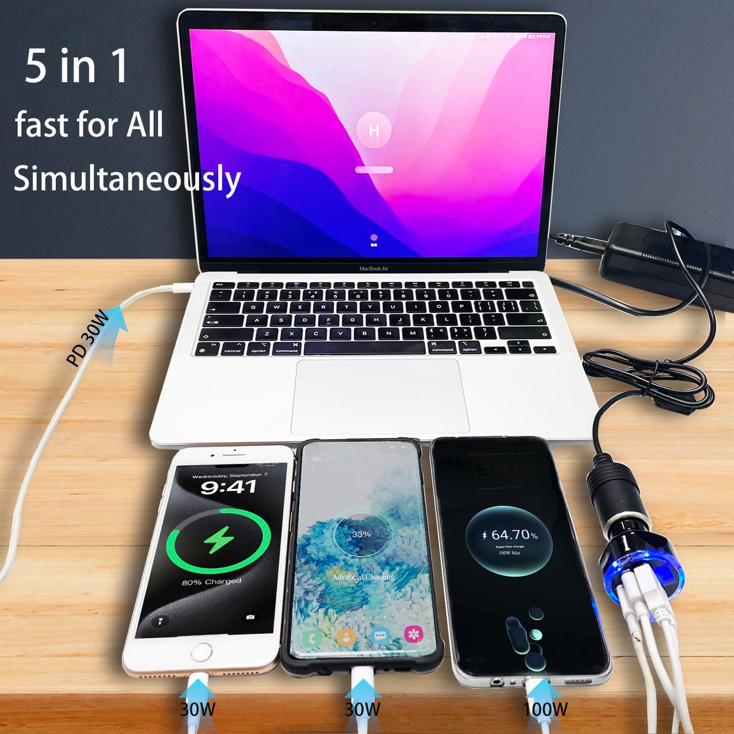 Full PD 30W Multi Port USB C Car Charger Adapter 5 in 1 with Voltage Display, PD4.0/QC4.0/PPS/AFC Super Fast Charging Cigarette Lighter Adapter
