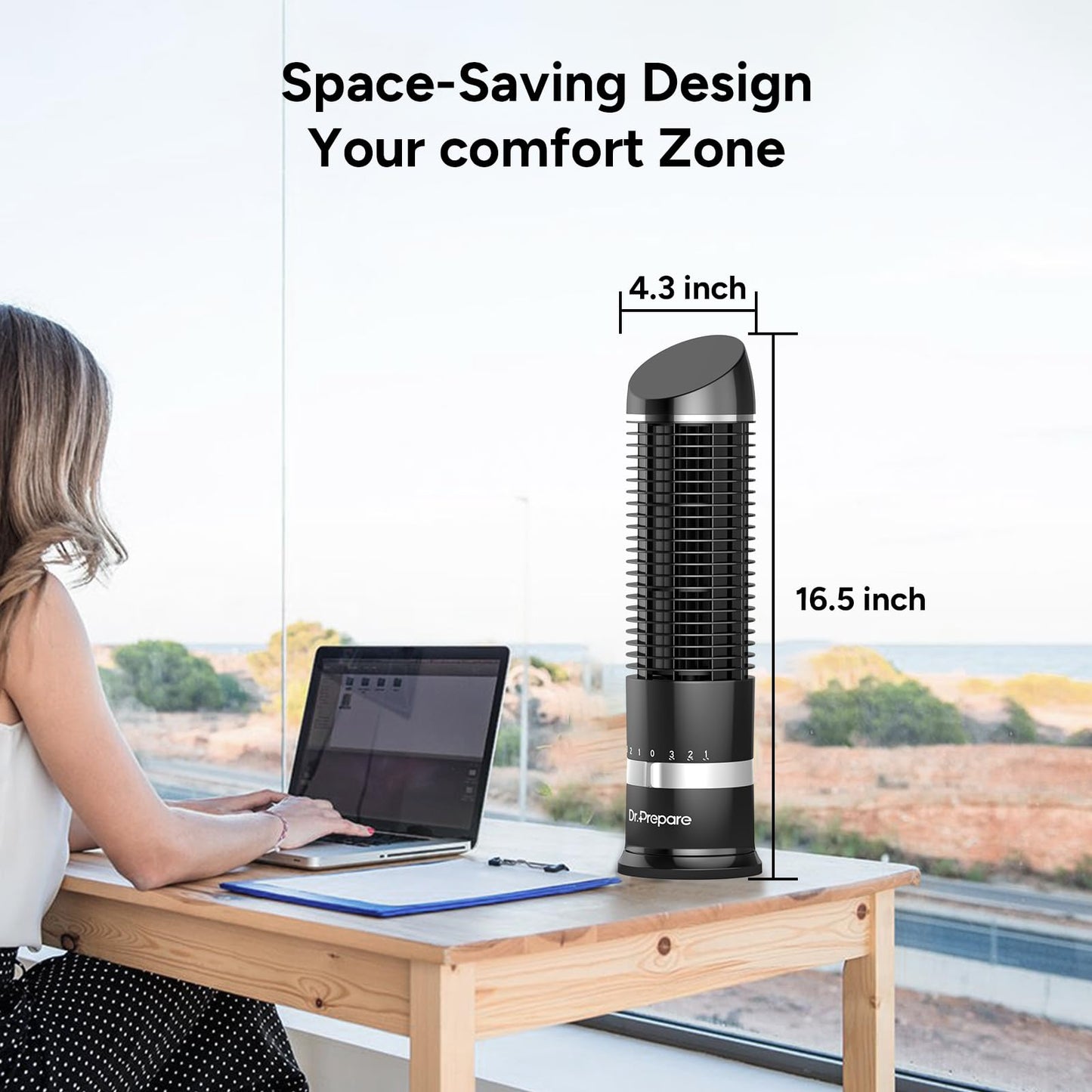 DR.PREPARE 16" Small Tower Fan, 3 Speeds with 60° Oscillating Fan, Bladeless Tabletop Fans for Indoors, Portable Personal Table Fans for Office