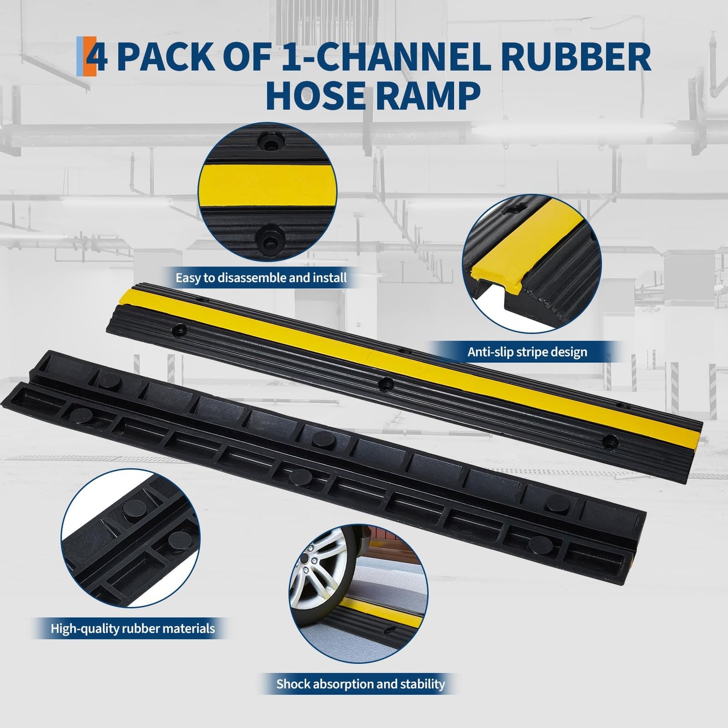 4 Pack of 1 Channel Cable Protector Ramp, Rubber Cable Ramp with 22046 Lbs Load Capacity, Heavy Duty Floor Wire Cord Cover, Driveway Traffic Speed