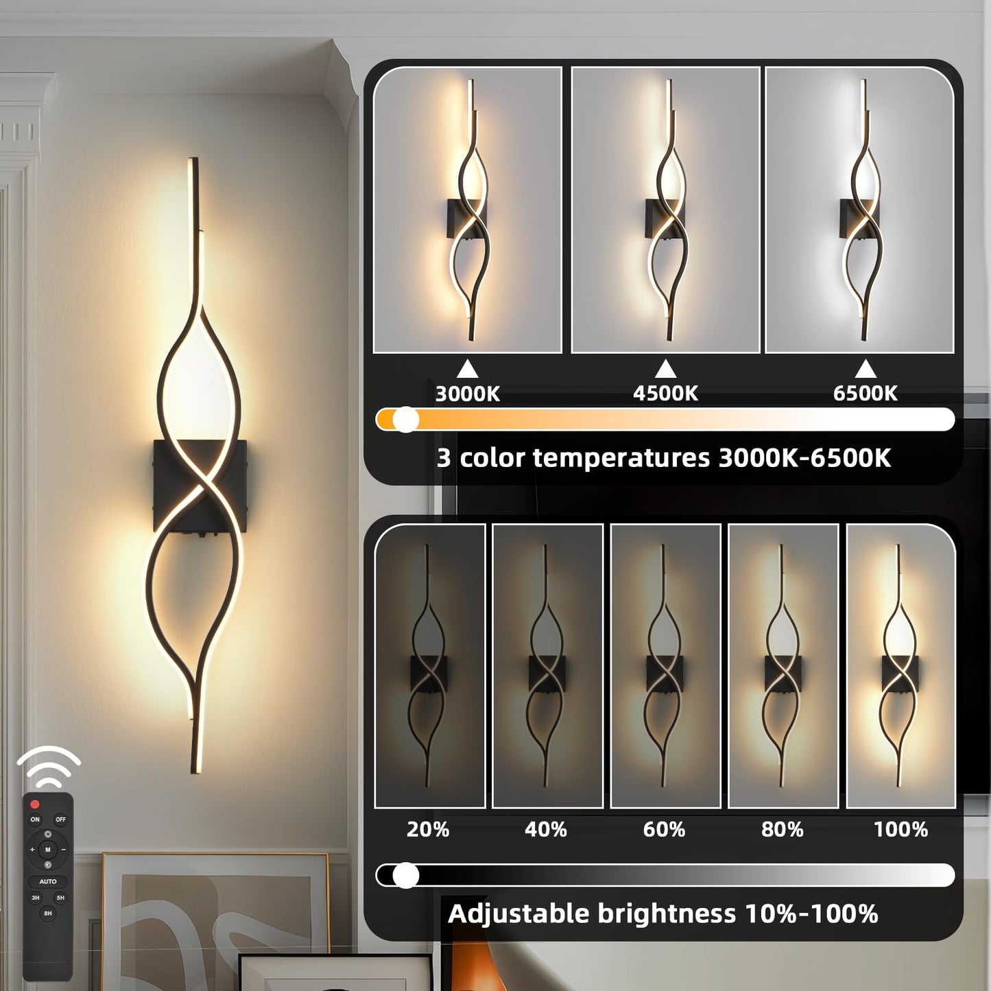 Battery Operated Wall Sconces Set of 2, Black 31.4'' LED Dimmable Wall Sconce with Remote Control, Adjustable Color Temperature Brightness for Living