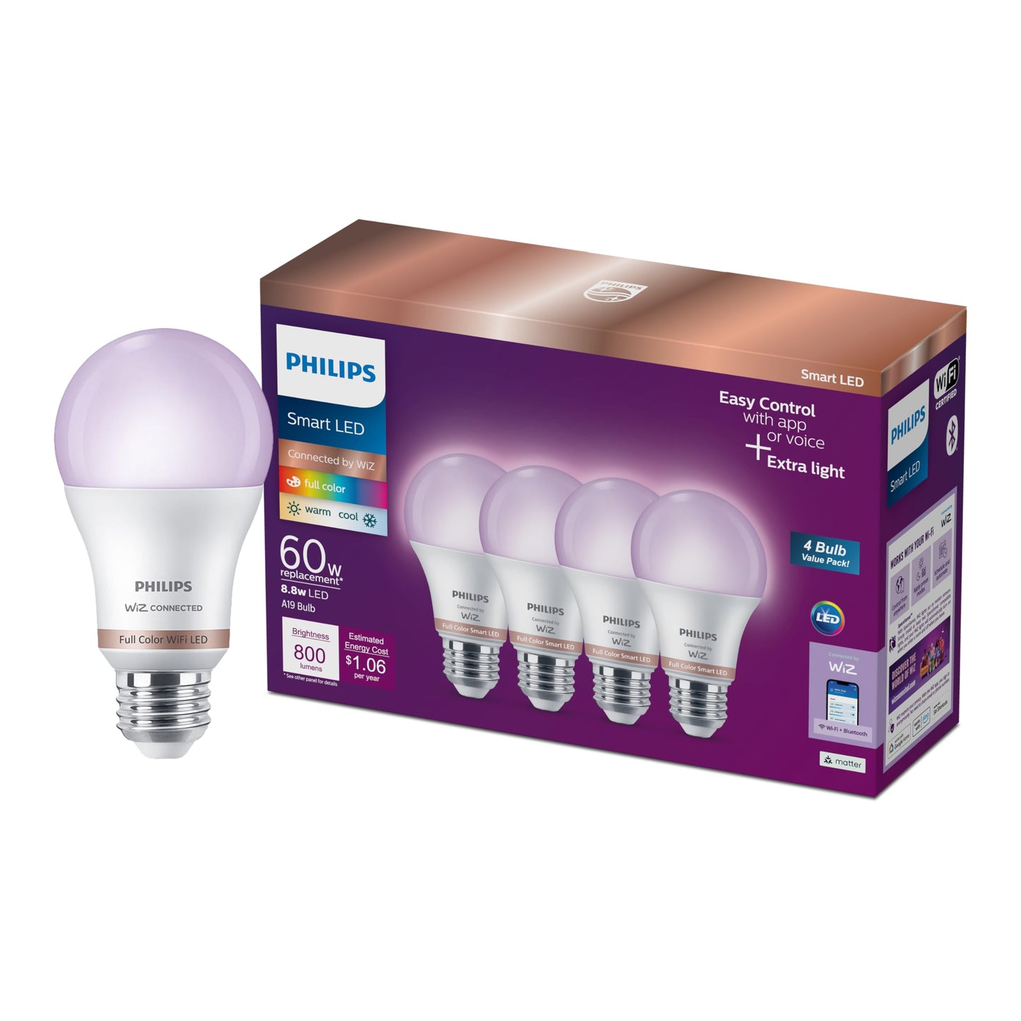 PHILIPS Smart Lighting Connected Light Bulbs, 4-Pack, Color A19 60W 800LM E26 Indoor LED Lights, Smart Bulbs with Motion Detection, Control with Voice