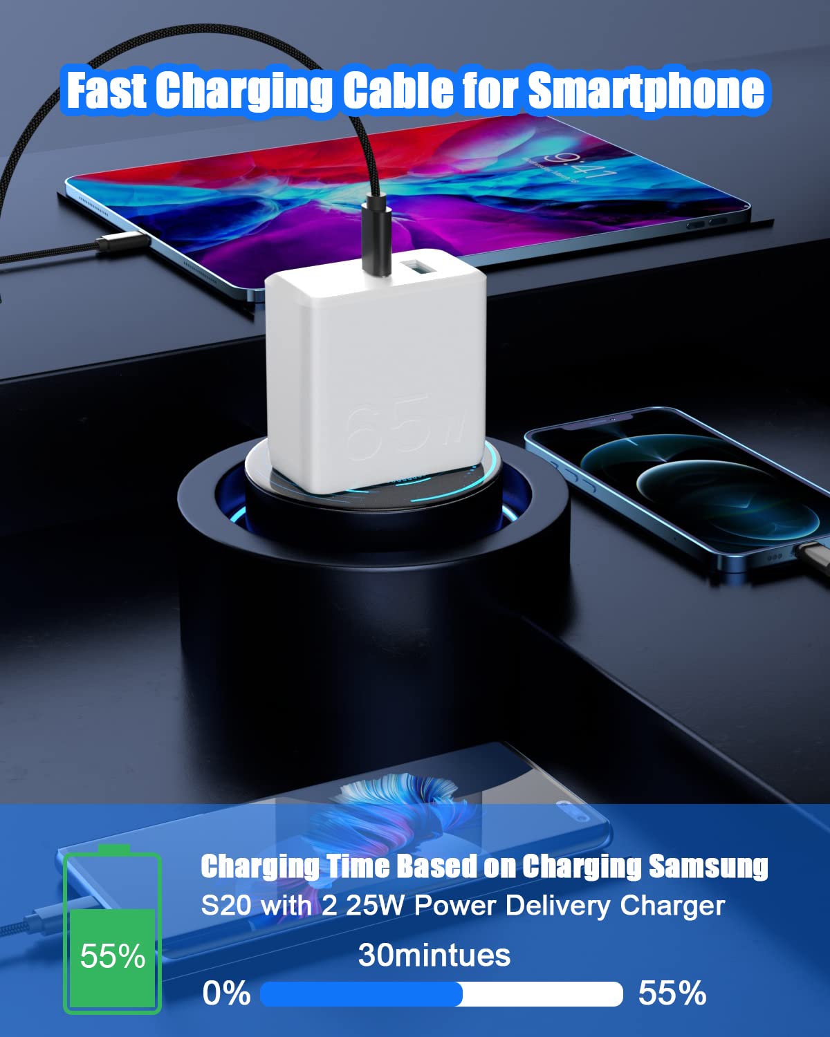 Ziment 65W USB C to USB C Cable, Nylon Type C Charge Cable, Fast Charging Type C Cable for iPhone, iPad mini, MacBook, Samsung Galaxy, Switch and More