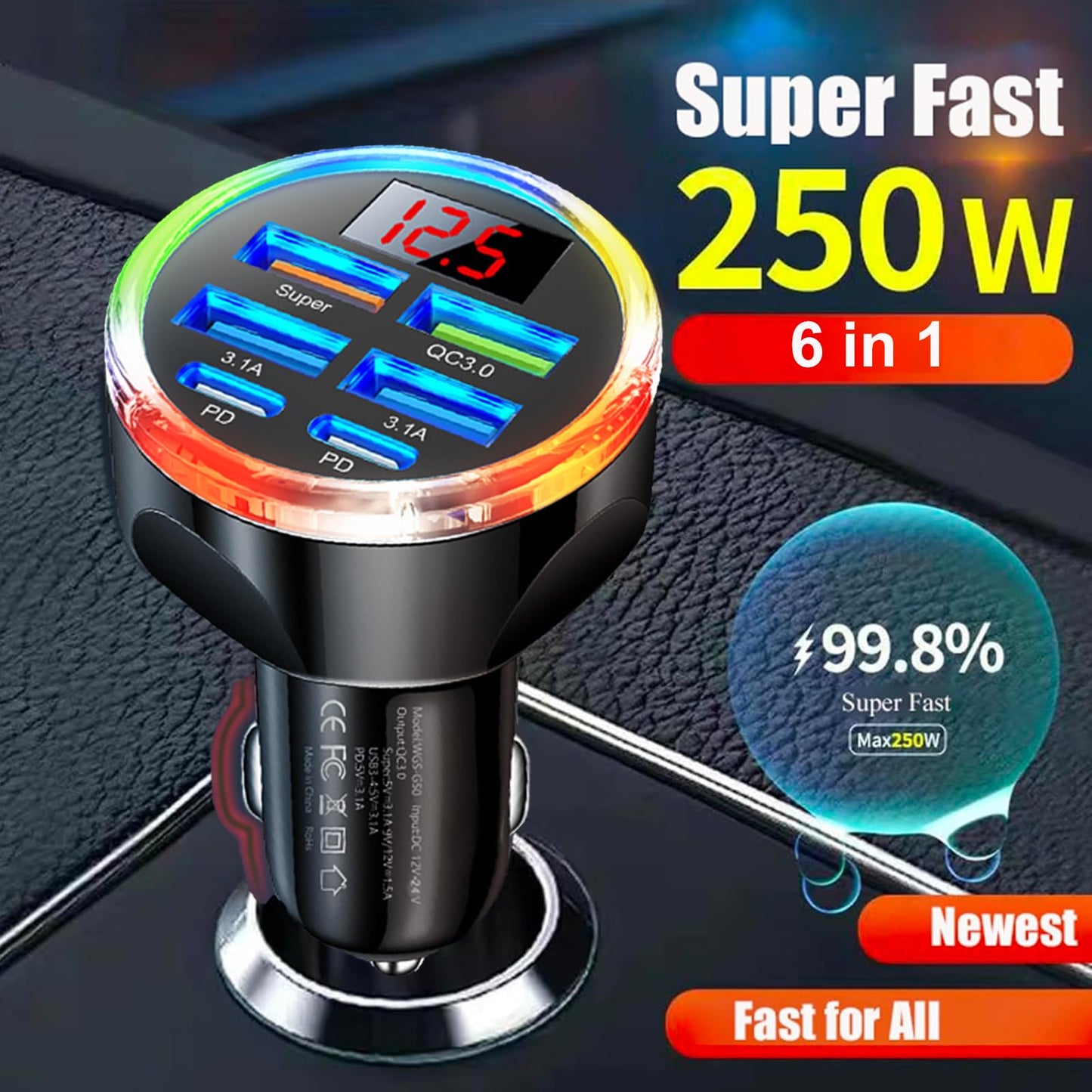 Super Fast Charge USB C Car Phone Charger Adapter 6 in 1 with Voltage Display, 250W Multi Port Cigarette Lighter USB Charge for iPhone 17 16 15 14 13