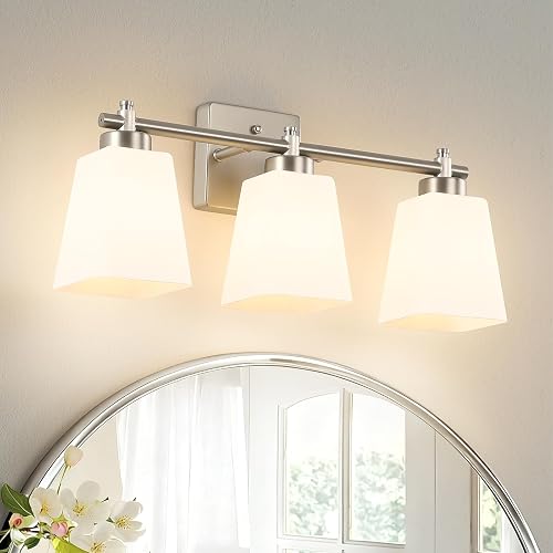 ECOBRT 3-Light Modern Bathroom Vanity Light, Wall Sconce Over Mirror with Milky White Frosted Glass Shades, E26 Socket (Bulbs Not Included)