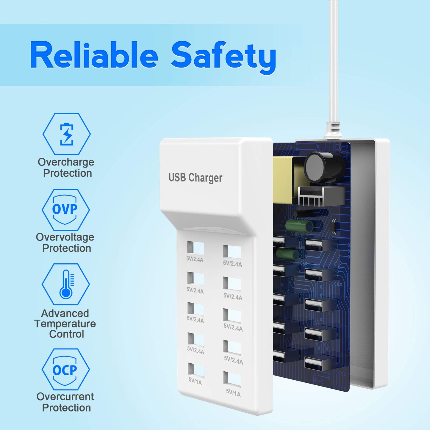 USB Charger USBA Wall Charger with Rapid Charging Auto Detect Technology Safety Guaranteed 10-Port Family-Sized Smart USB-A Ports for Multiple Devices