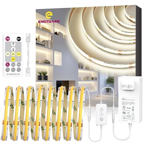 EMITEVER COB LED Strip Lights Kit,4000K Neutral White with Remote & 24V Power Supply,32.8ft Dimmable Tape Lights,High Density 3200LEDs,450+Lumens/m,Ra