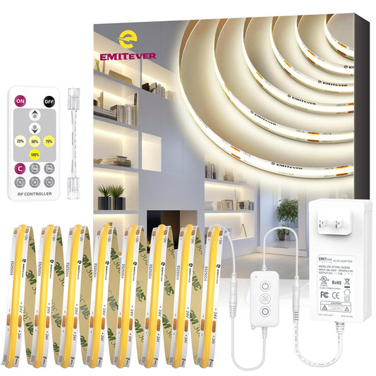 EMITEVER COB LED Strip Lights Kit,4000K Neutral White with Remote & 24V Power Supply,32.8ft Dimmable Tape Lights,High Density 3200LEDs,450+Lumens/m,Ra