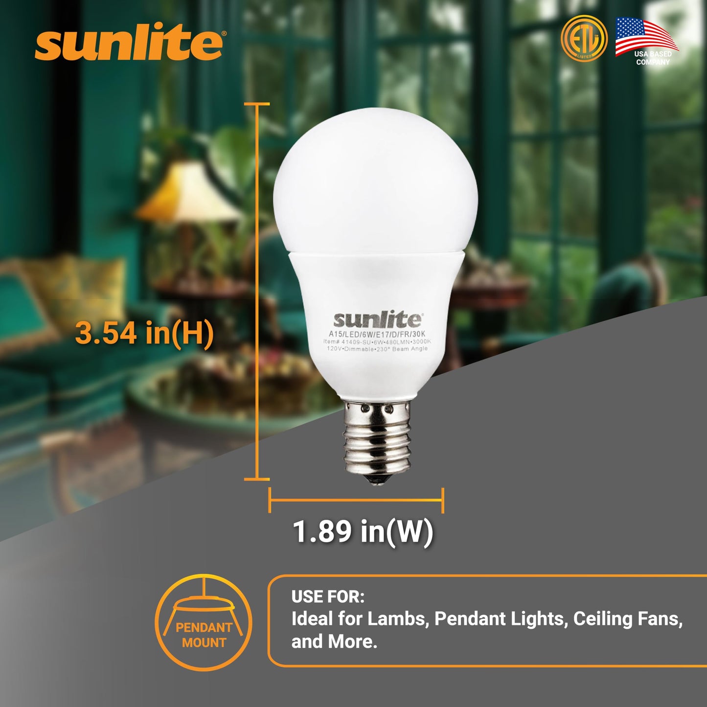 Sunlite 80334-SU LED A15 Light Bulb, 6 Watts (40W Equivalent), Intermediate Base (E17), 480 Lumens, Dimmable, Frosted Finish, ETL Listed, 1 Count