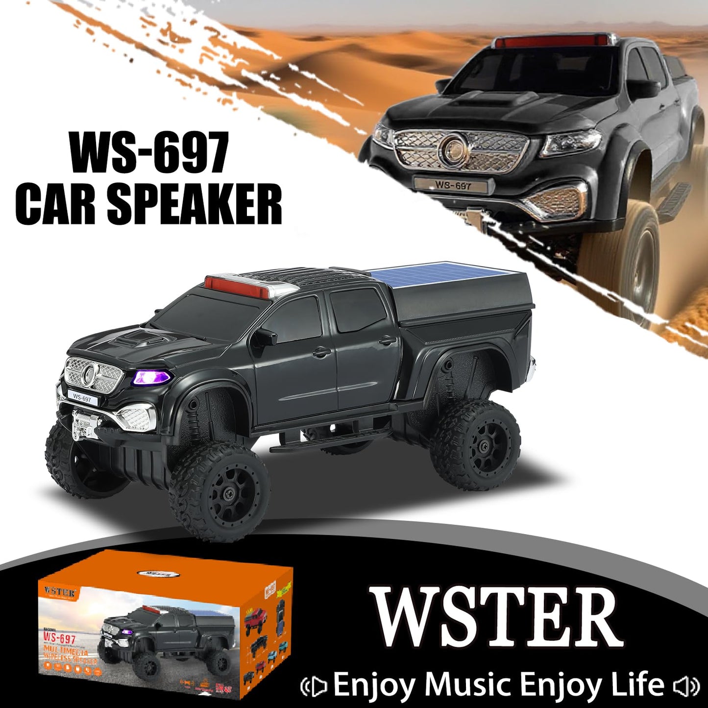 WSTER WS-697 Pickup Truck Bluetooth Replica Speaker - Solar Wireless Car Speaker with LED Lights, TWS Stereo, FM Radio, USB/TF Playback, Hands-Free