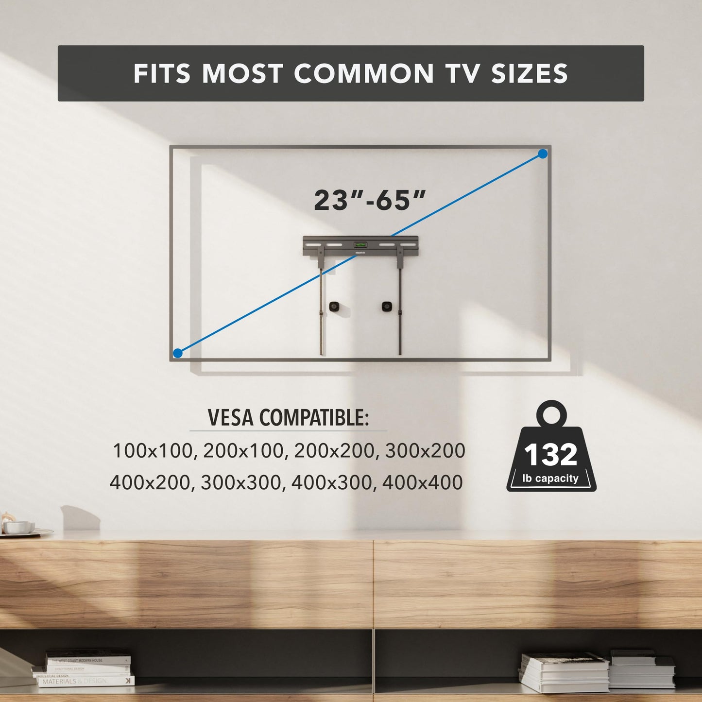 Mount-It! No Stud TV Wall Mount, Studless Drywall TV Bracket for 23-65 Inch Flat Screen TVs, No Drill Easy Install, Slim 1.1” Low Profile, Supports 77