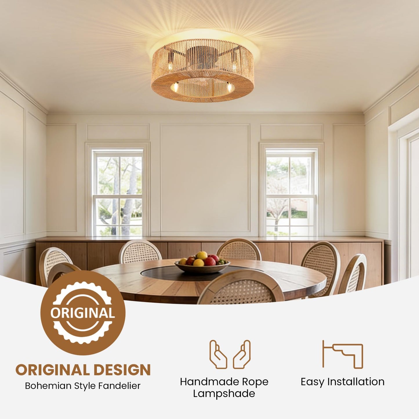 APBEAMLighting 24 Inch Boho Ceiling Fan with Light & Remote, Rattan Caged