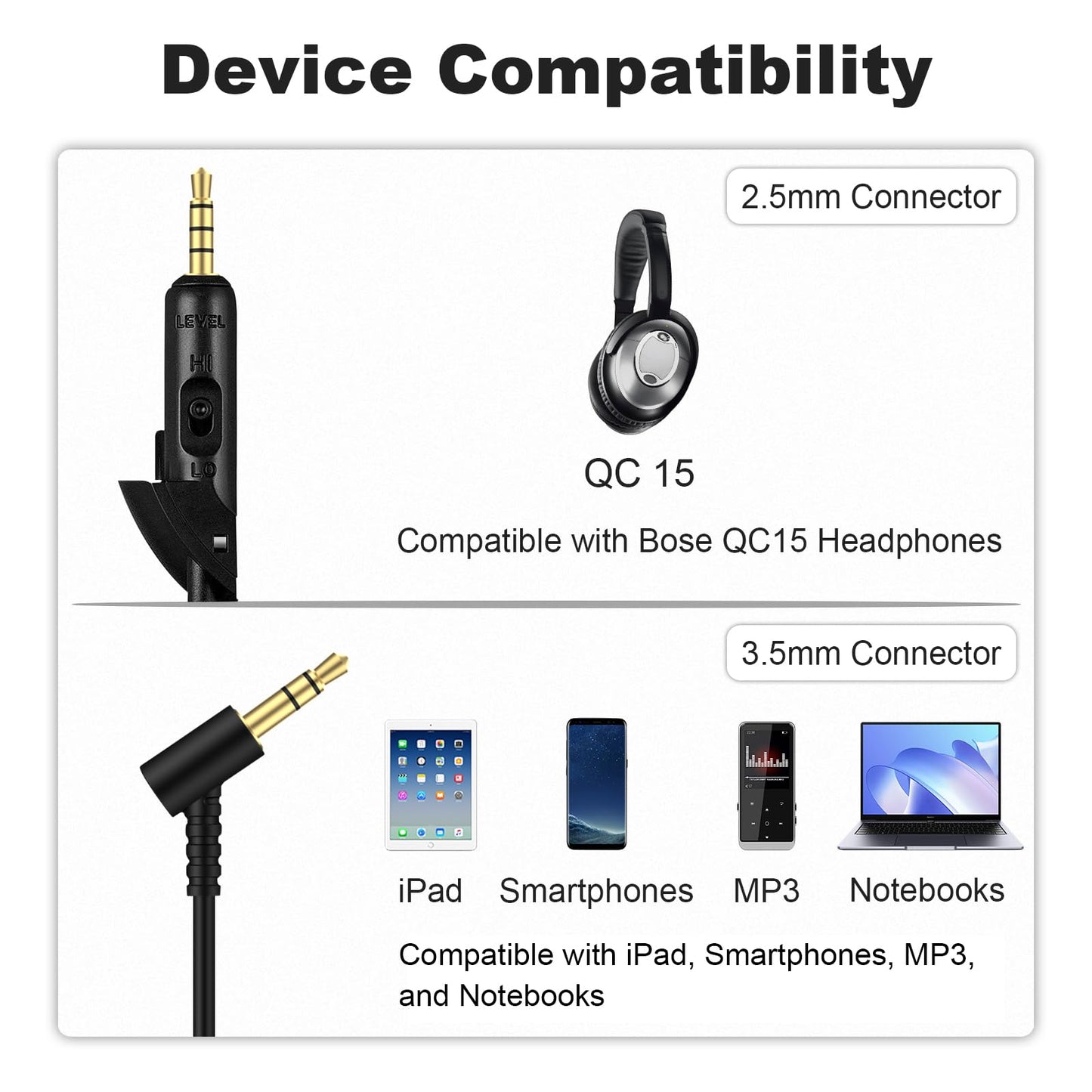Xivip Replacement Audio Cable Compatible with Bose QuietComfort QC15, QC15 Headphones Headset, 2.5mm to 3.5mm Aux Cord Cable Headphone Extension…