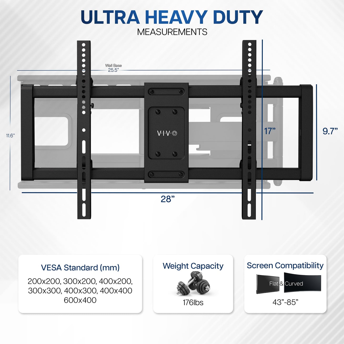 VIVO Heavy Duty 43 to 85 inch Large Screen TV Articulating Wall Mount for LCD LED Flat and Curved Screens, Extended Arm Swivel Mount, Max VESA