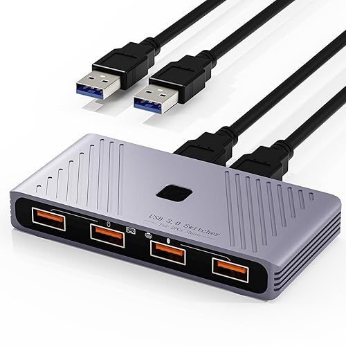 USB 3.0 Switch, 2 Computers Sharing 4 USB Devices, One-Button Switcher for Keyboard Mouse Printer Scanner, USB Peripheral Sharing Hub for PC Laptop