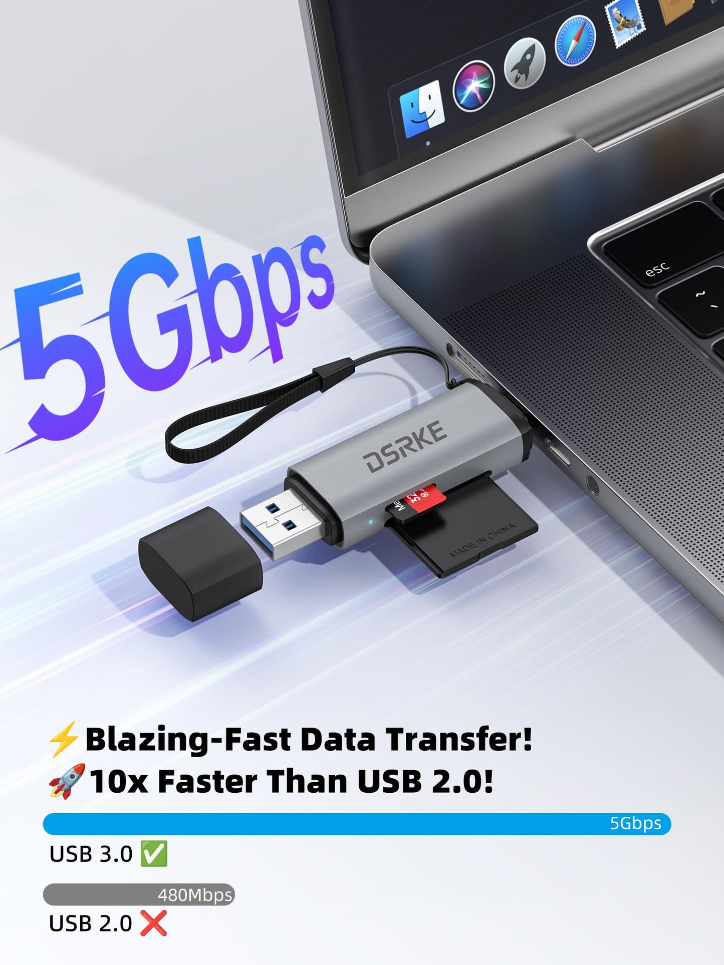 DSRKE SD Card Reader, USB 3.0 & USB C Dual Slots to Micro SD Card Adapter, Memory Card Reader for SD, microSD, SDHC, SDXC | Compatible with iPhone
