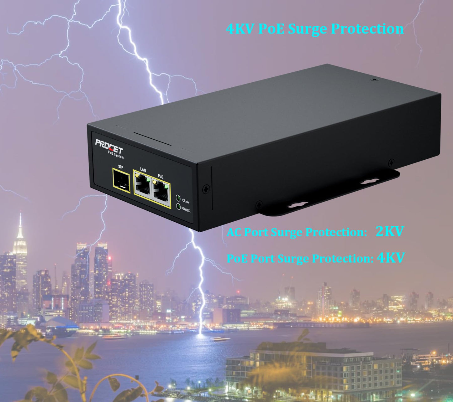 PROCET 60W Gigabit PoE Injector SFP Fiber Uplink PoE++ Power Supply, 6KV Surge Protection, -40? to 149? for PTZ AI Camera, Sisco Access Point, 5G