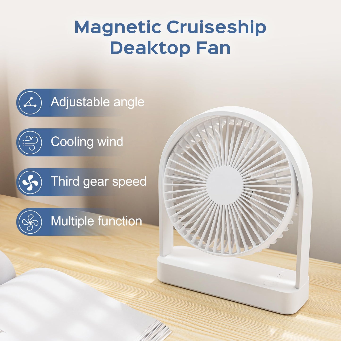 Yaoledly Magnetic Cruise Ship Fan, Portable USB-C Desk Fan with Strong Magnet Base, Adjustable 3 Speed & Quiet Operation, Ideal for Cruises Office